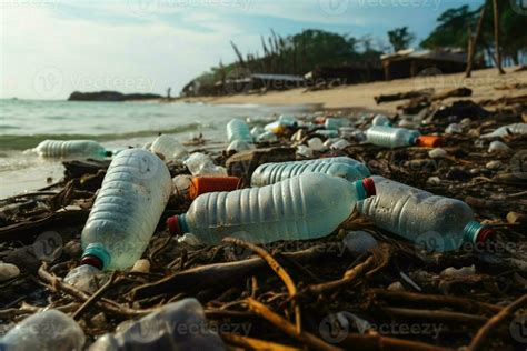 Beach Littered With Used Plastic Bottles Highlighting Environmental