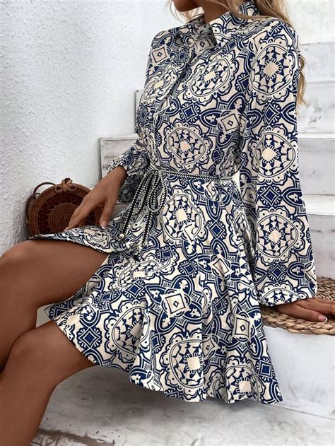 Shein Vcay Random Allover Print Belted Shirt Dress Shein Usa