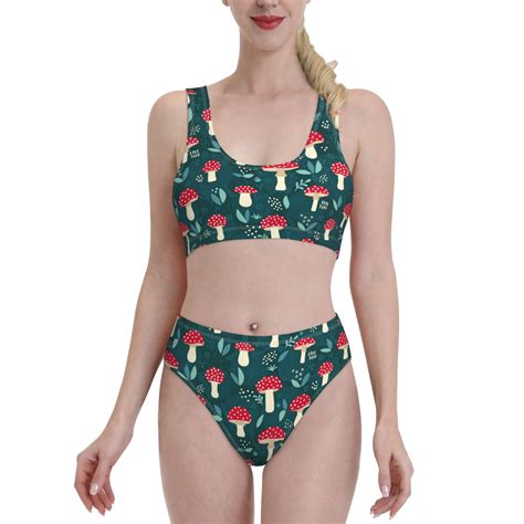 Adobk Amanita Mushroom Print Women High Waisted Bikini Set Sports