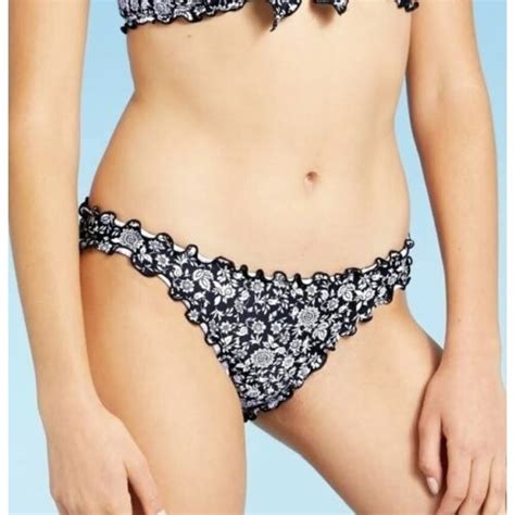 Juniors Ribbed Ruffle Cheeky Bikini Bottom Xhilaration Black Floral