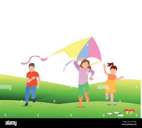 Kids Playing Kites Vector Illustration Of Children Flying Kites On The