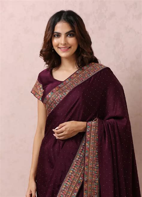 Buy Wine Satin Saree With Multicoloured Border Online In The Usa Mohey