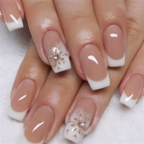 Yosomk French Tip Square Press On Nails With Flower Design Nude Flower False Nails Buy Now