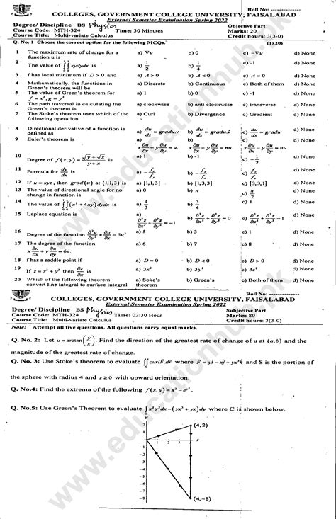 Mth 324 Multivariable And Integral Calculus Bs Physics Gcuf Past Paper