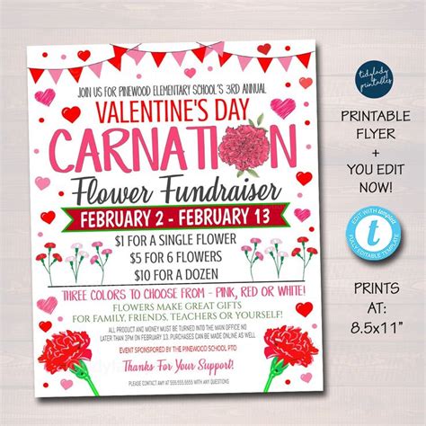 Valentine S Day Carnation Flower Fundraiser Flyer Printable Invite