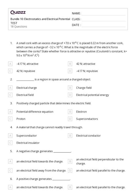 Coulombs Law And Electric Force Worksheets For Th Class On