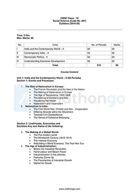 Cbse Syllabus For Class Social Science Mathongo