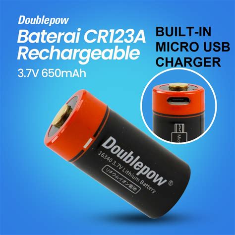 Jual DOUBLEPOW Baterai Cas Isi Ulang CR123A Li Ion Rechargeable 3V 650