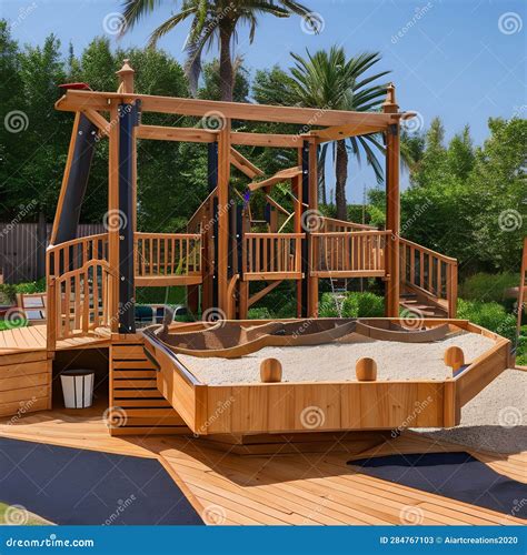 A Pirate-themed Outdoor Play Area with a Wooden Ship Play Structure, a ...