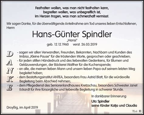 Traueranzeigen Von Hans G Nter Spindler Abschied Nehmen De