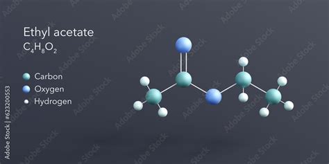 ethyl acetate molecule 3d rendering, flat molecular structure with ...