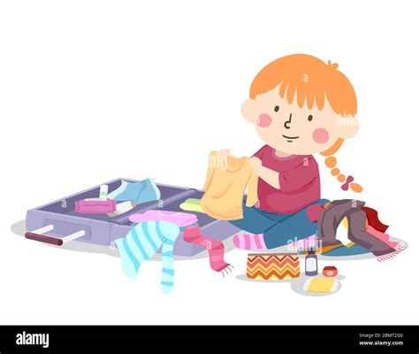 Illustration of a Kid Girl Folding Clothes and Packing Her Luggage for Travel Stock Photo - Alamy