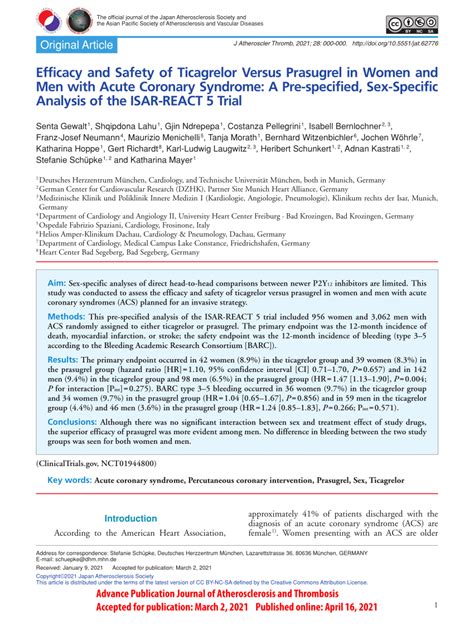 Pdf Efficacy And Safety Of Ticagrelor Versus Prasugrel In Women And