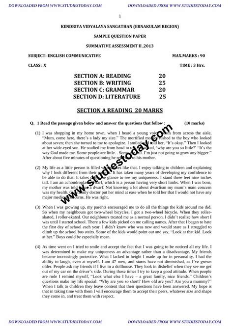 PDF CBSE Class 10 English Communicative Sample Paper SA 2 2013 2