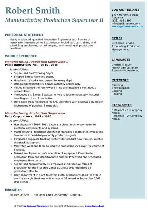 Manufacturing Production Supervisor Resume Samples Qwikresume