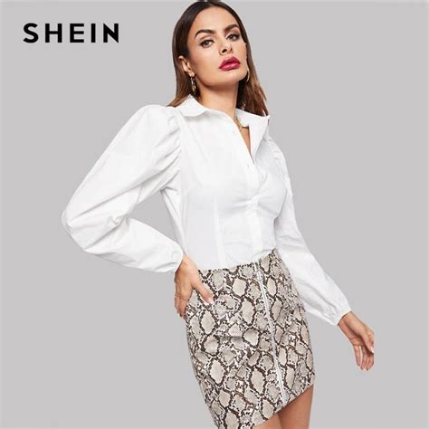 Shein White Button Front Bishop Sleeve Shirt Blouse 2019 Spring