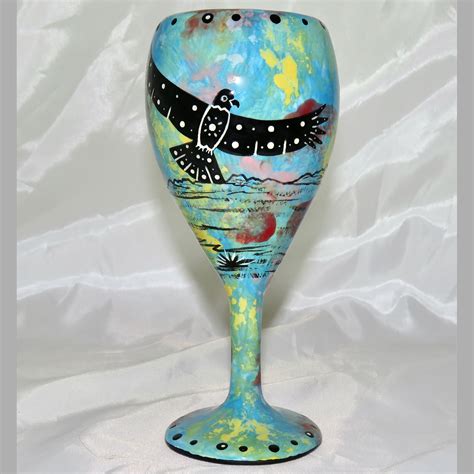 Wine Glass With Hawk On Turquoise Blue MANA POTTERY