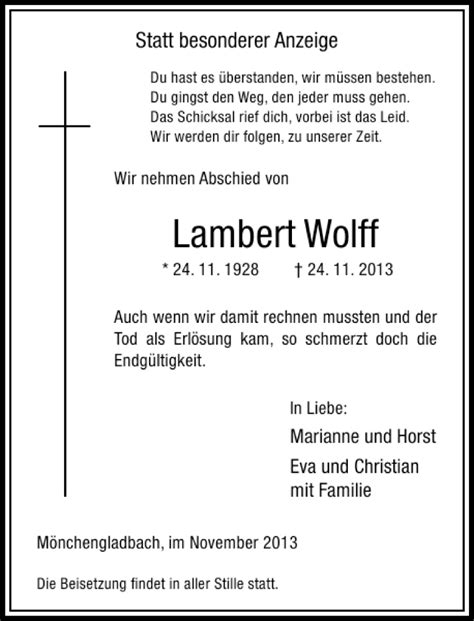 Alle Traueranzeigen für Lambert Wolff trauer rp online de