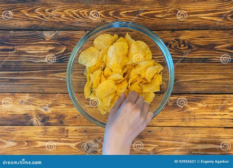 Girl Eating Crisps From Glass Bowl Top View Stock Image Image Of