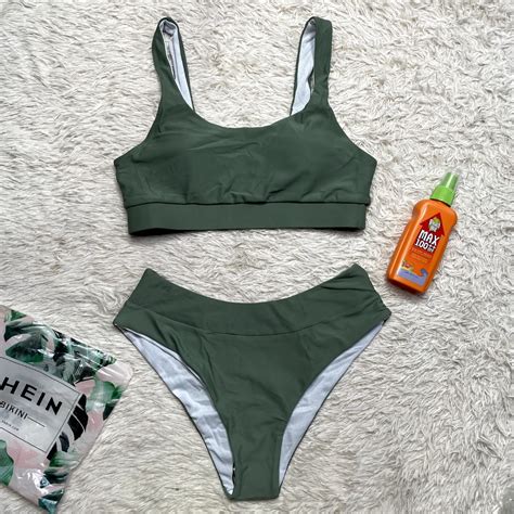 Shein Army Green Plain High Cut Trendy Two Piece Swimsuit Bikini