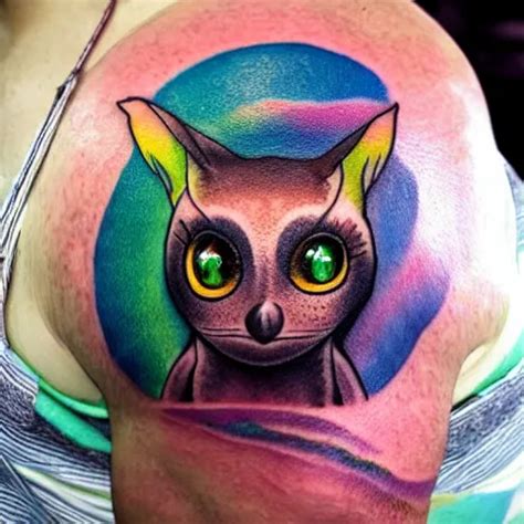 Shoulder Tattoo Of A Multicolored Trippy Bushbaby With Stable