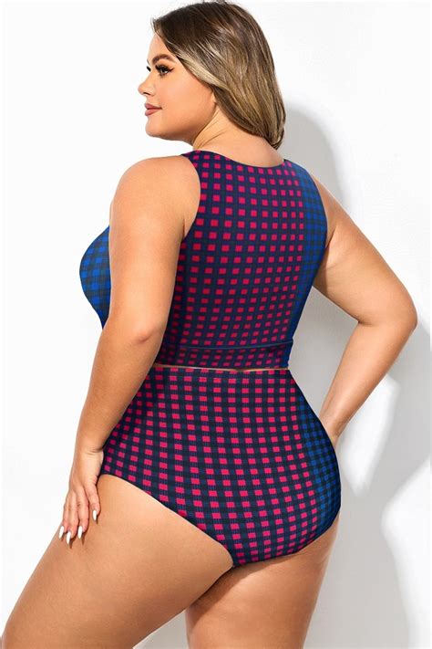 Plus Size Colorblock Check Knotted Crop Bikini Top Meet Curve Meet Curve