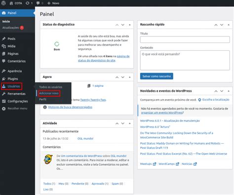 Como criar um usuário no WordPress Documentação dos Serviços do