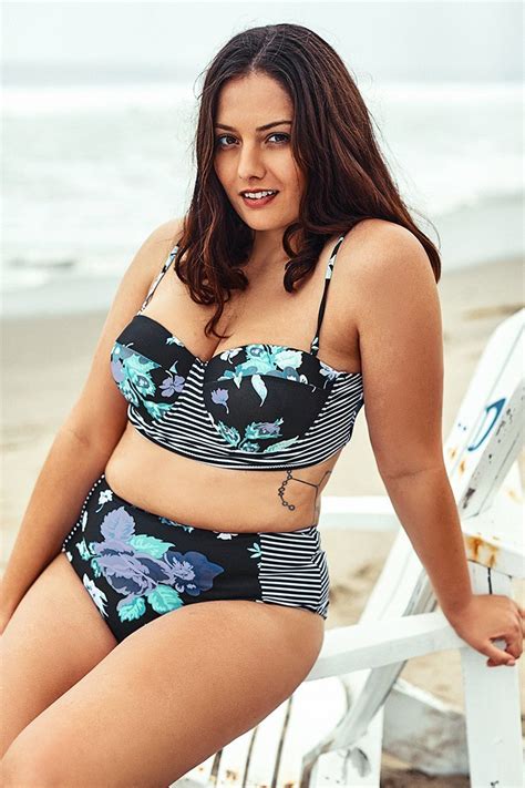 Blue Floral Print Push Up Plus Size Bikini