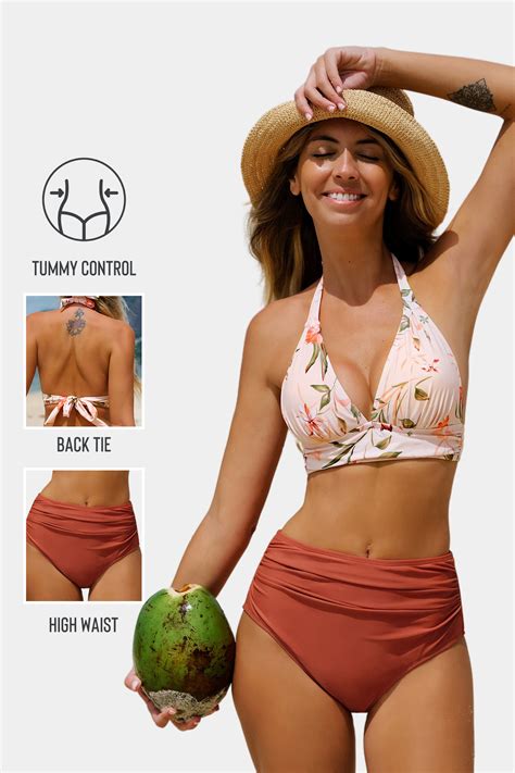 Spring Breath Garden Halter Tall Tri High Waist Bikini Set