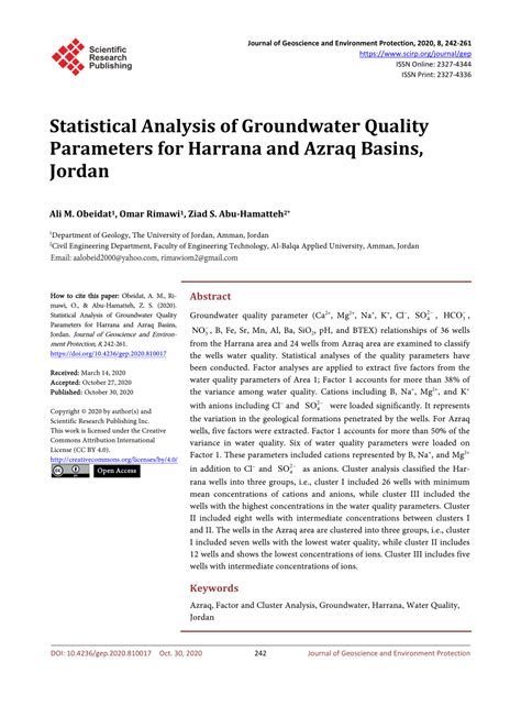 Pdf Statistical Analysis Of Groundwater Quality Parameters For