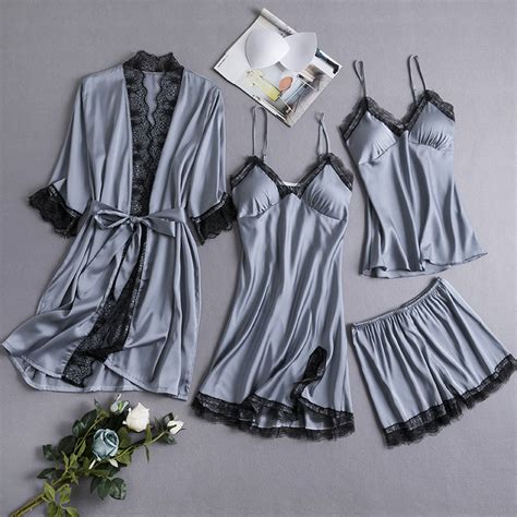 Pieces Sexy Embroidered Lace Silk Sleepwear Padded Satin Lingerie Bath Robe China Women