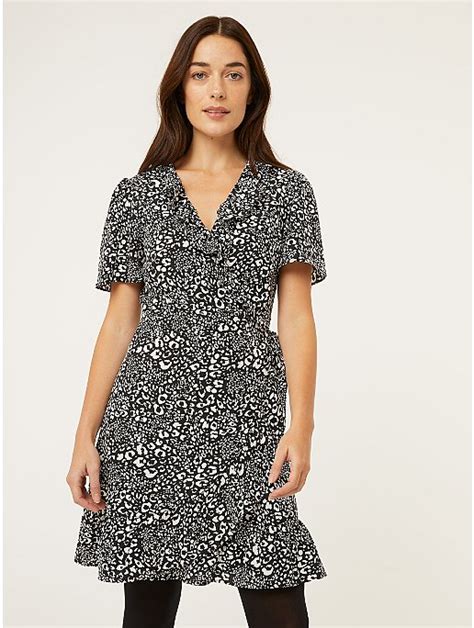 Black Leopard Print Frilled Wrap Mini Dress Women George At Asda