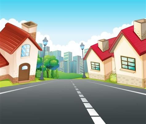 Neighborhood scene with many houses along the road | Scenery drawing ...