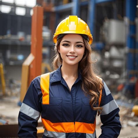 Niña del día del trabajo con casco de seguridad y uniforme Foto Premium