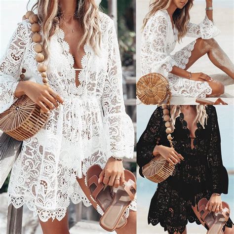 Summer Lace Bathing Suit Cover Up Boho Beach Women Maxi Bikini Sundress Dress Us Ebay