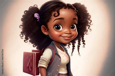 Little african american girl cartoon smiling illustration with backpack going to school. AI ...