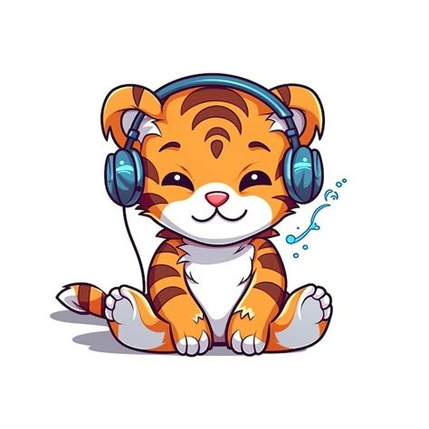 Premium Ai Image Cute Tiger Listening Music With Headphone Cartoon