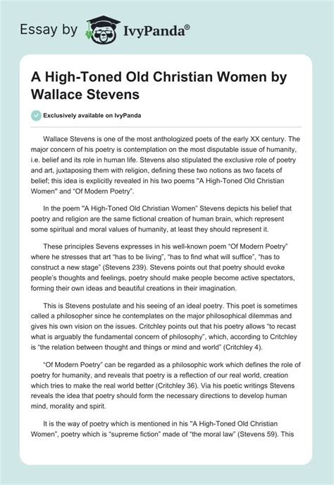 A High Toned Old Christian Women By Wallace Stevens 832 Words Essay Example