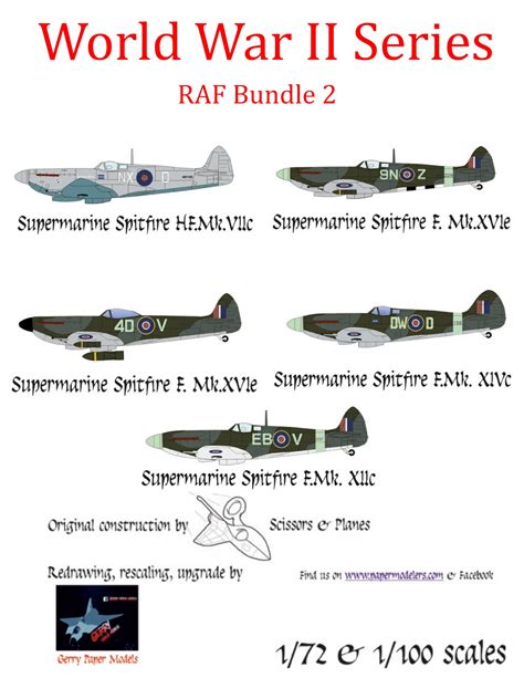 1/72 and 1/100 Supermarine Spitfire RAF (5) Kit Bundle 2 Paper Model ...