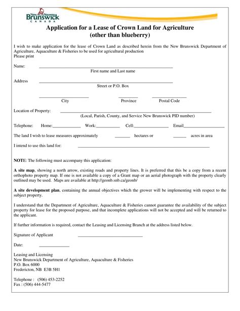 New Brunswick Canada Application For A Lease Of Crown Land For