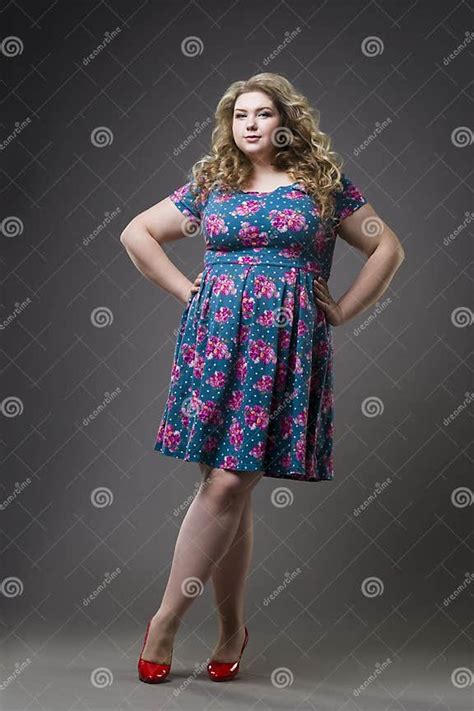 Young Beautiful Happy Blonde Plus Size Model In Dress And Shoes Xxl