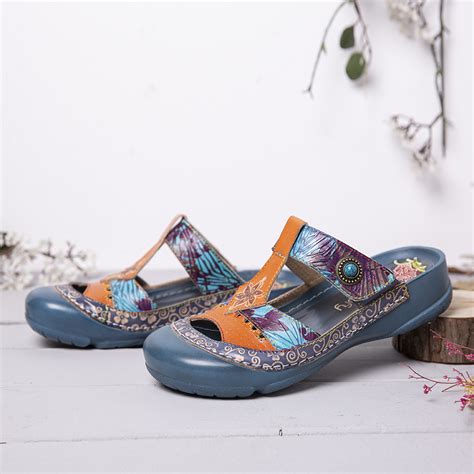 New SOCOFY Leather Floral Cutout Adjustable Beaded Strap Slip-on Mules ...