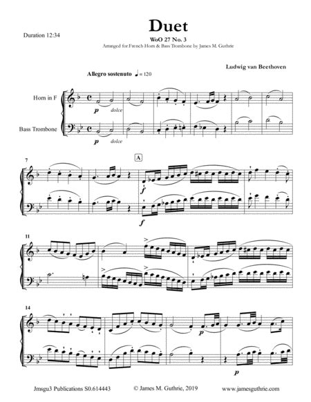 Beethoven Duet WoO 27 No 3 For French Horn Bass Trombone Arr