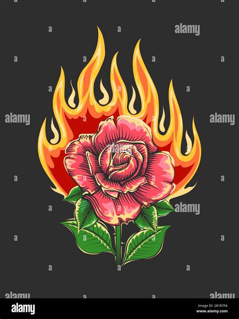 Tattoo Of Burning Rose Flower In Flame Isolated On Black Background