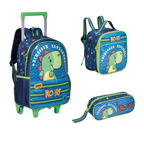 Kit Mochila De Rodinhas Dinossauro Lancheira T Rmica Estojo Escolar