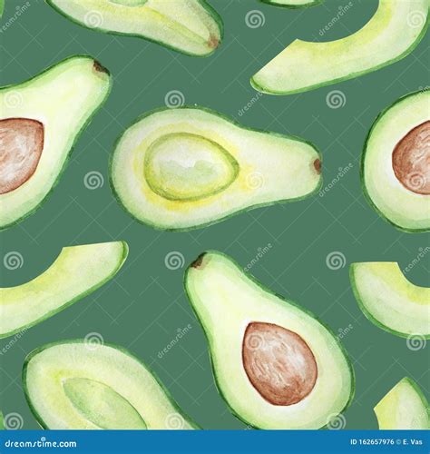 Watercolor Seamless Pattern Of Avocado Slices On Green Background Stock