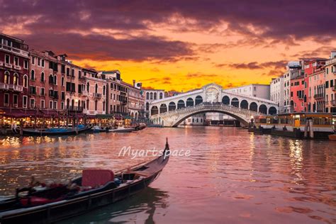 Sunset Venice Print Purple Sunset Over Rialto Bridge Canals