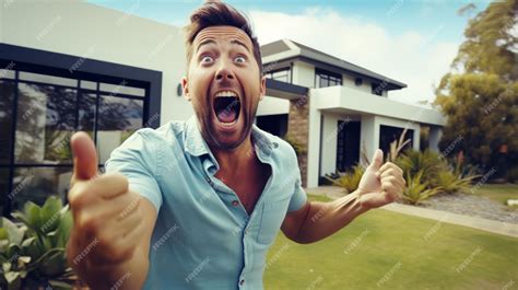 premium photo man pulling silly face  front  house