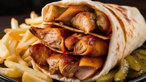 Doner De Kebab De Pollo Servido En Pan Plano Con Papas Fritas Y