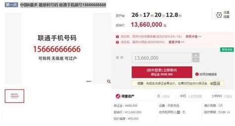 尾号九个“6”的手机号起拍价1366万元，处置方：竞拍成功需另缴38万元话费拍卖号码页面